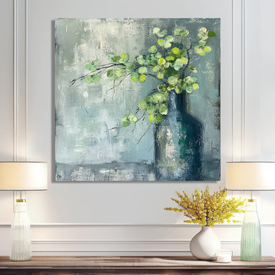 Bouquet Of Green Leaves Vintage Blue - Abstract Still Lifes Wall Art
