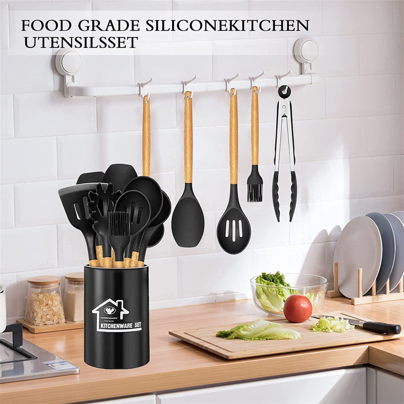 Cooking Utensils Set,Raincol Kitchen Utensils Spatula Set With Holder,Wooden Handles,Non-Stick,Grater For Cookware, Black