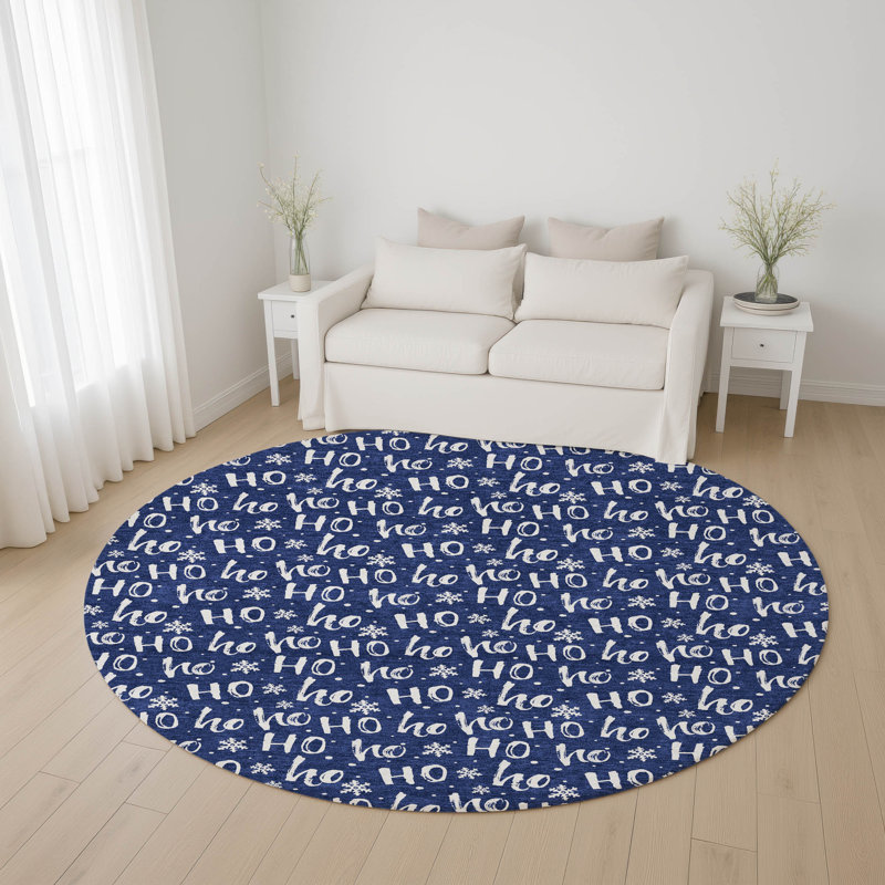 Premium Machine Washable Dockside AMF1814 HoHoHo Snowy Christmas Rug, Round 8'