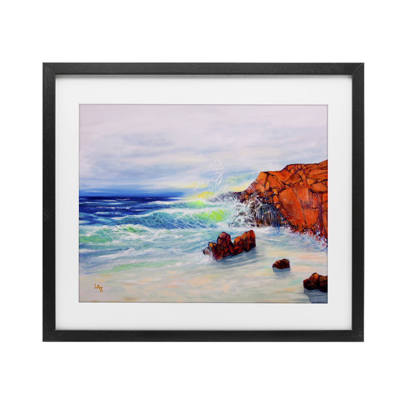 Deep Blue Rocky Beach, reproduction sous verre encadrée, conception par Lee Ann Zirbes, H 13 po x l 16 po