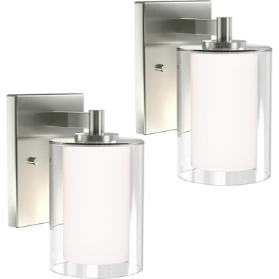 Ensemble de 2 appliques murales Modern Farmhouse avec double abat-jour en verre transparent, luminaire de meuble-lavabo câblé argenté pour salon de chambre à coucher, base E26 à intensité variable (ampoules non incluses)