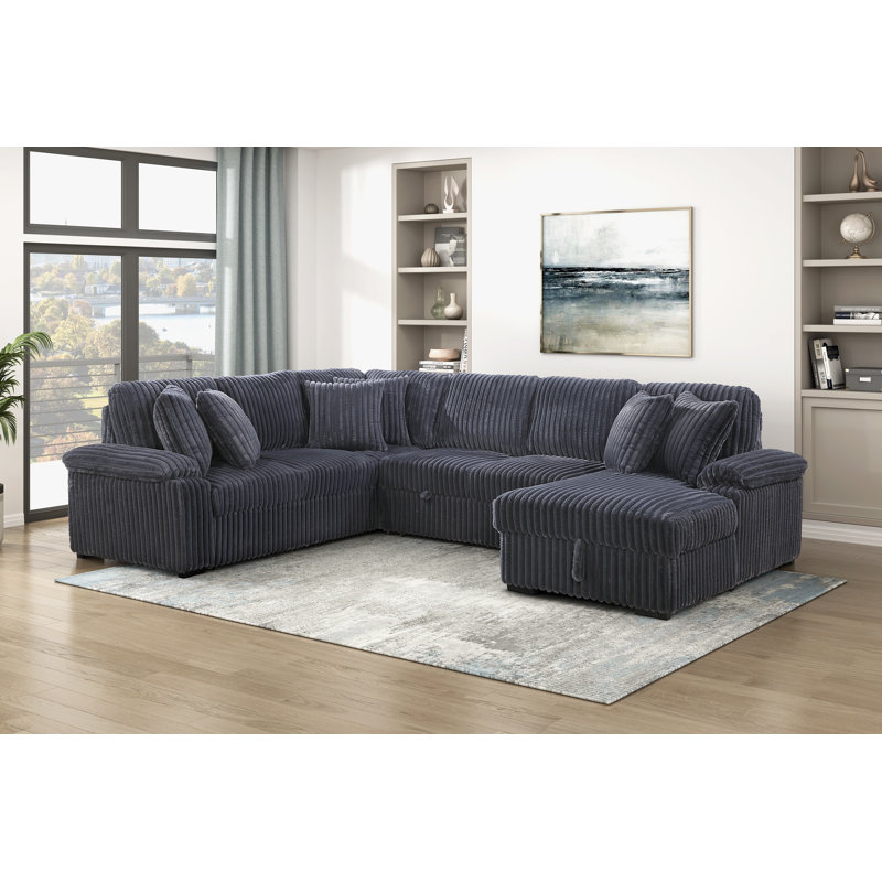 Canapé d'angle de luxe 3 pièces, 310 cm L x 246 cm P x 99 cm H, velours côtelé, 3 pièces, canapé d'angle en L, gris foncé, lit gigogne, rangement et coussins inclus