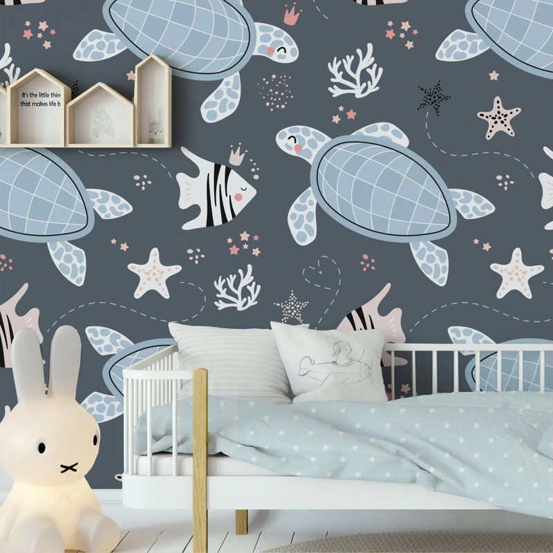 Papier peint amovible tortue de mer et poisson, L 9 po x l 15 po