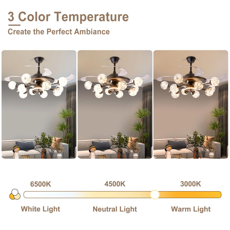 Modern 10-Light Chandelier with Fan Black Fandelier with Remote for Living