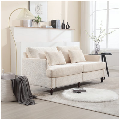 Canapé en chenille de style Mid-Century moderne en tissu, canapé 2 places rembourré avec canapé moderne pour le salon, canapé avec pieds en bois brun pour la chambre à coucher, chenille beige