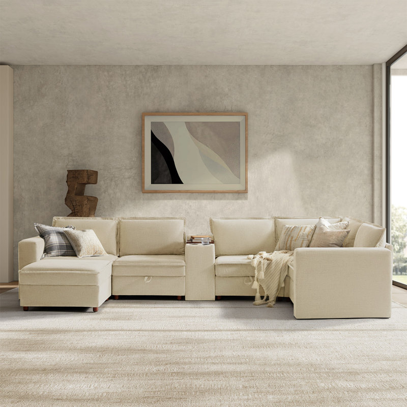 Miriam Modern 6 Seater Corner Sofa with Hidden Storage and USB Port, Beige