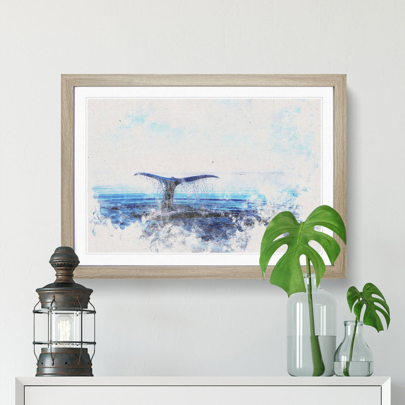 Whale Tail From The Ocean Watercolour - Picture Frame Graphic Art, 62cm H x 87cm W x 2cm D, Oak