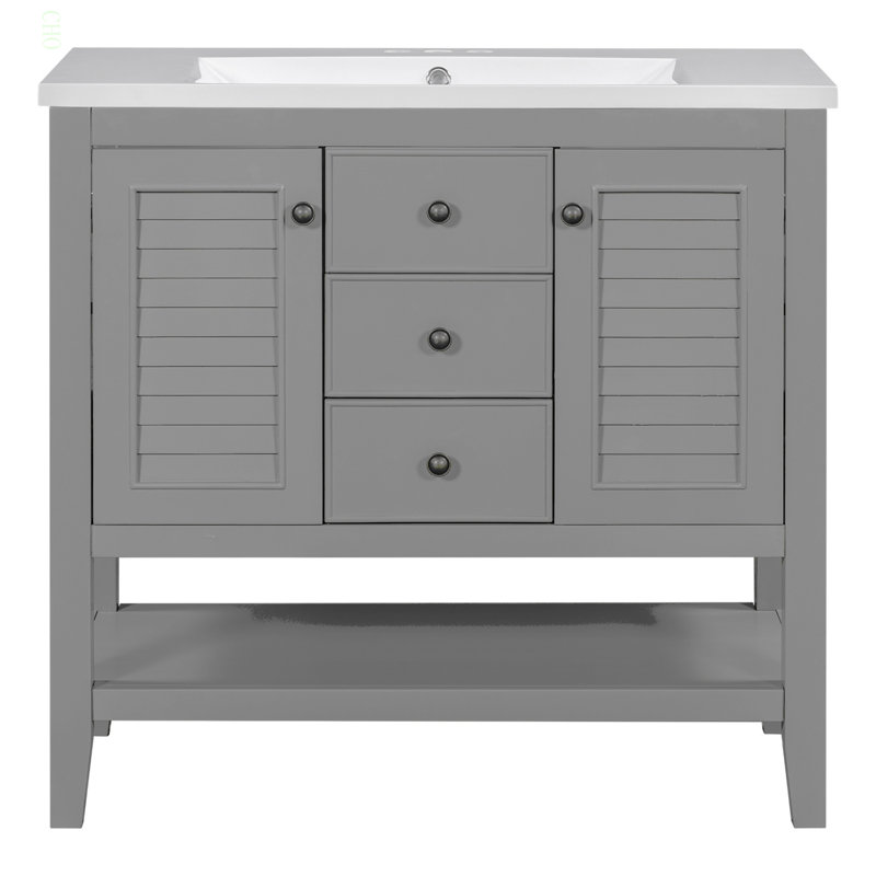 Meuble-lavabo 36 po avec lavabo en céramique, deux armoires et tiroirs, tablette ouverte, structure en bois massif, gris