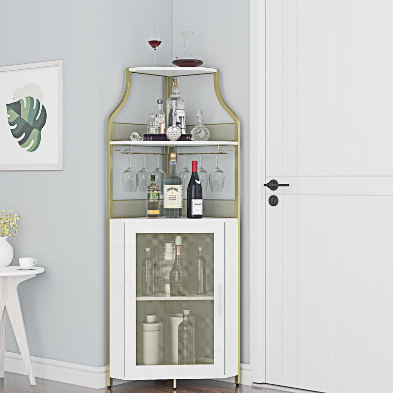 Corner Bar Cabinet with Wine Rack and Glass Holder, 4 Tier Drinks Cabinet with Mesh Door, MDF and Metal Storage Unit for Living Room, Kitchen and Dining Room