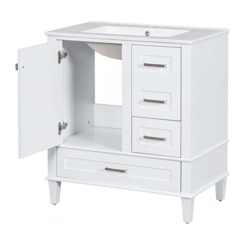 Ensemble de meuble-lavabo moderne avec ensemble lavabo 30 po, meuble-lavabo moderne avec porte à fermeture douce et 3 tiroirs, structure en bois massif (blanc)