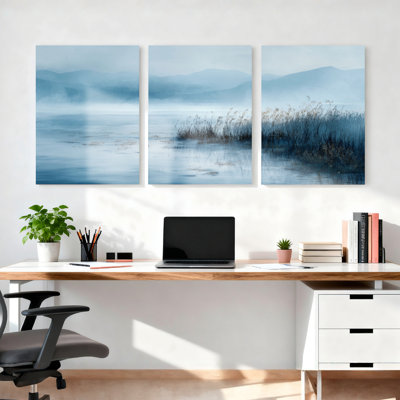 Misty Lake Landscape Canvas Wrapped Wall Art Oil Painting Print Set Of 3