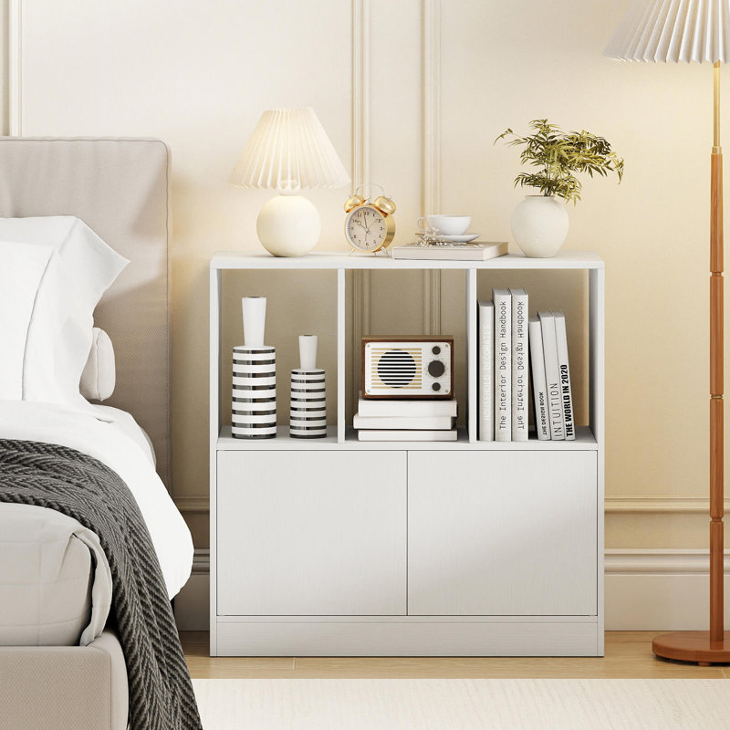 1 PCS Cube Bookcase with Doors, Open Compartments & Cabinet, Modern Display Shelf White, White, 1