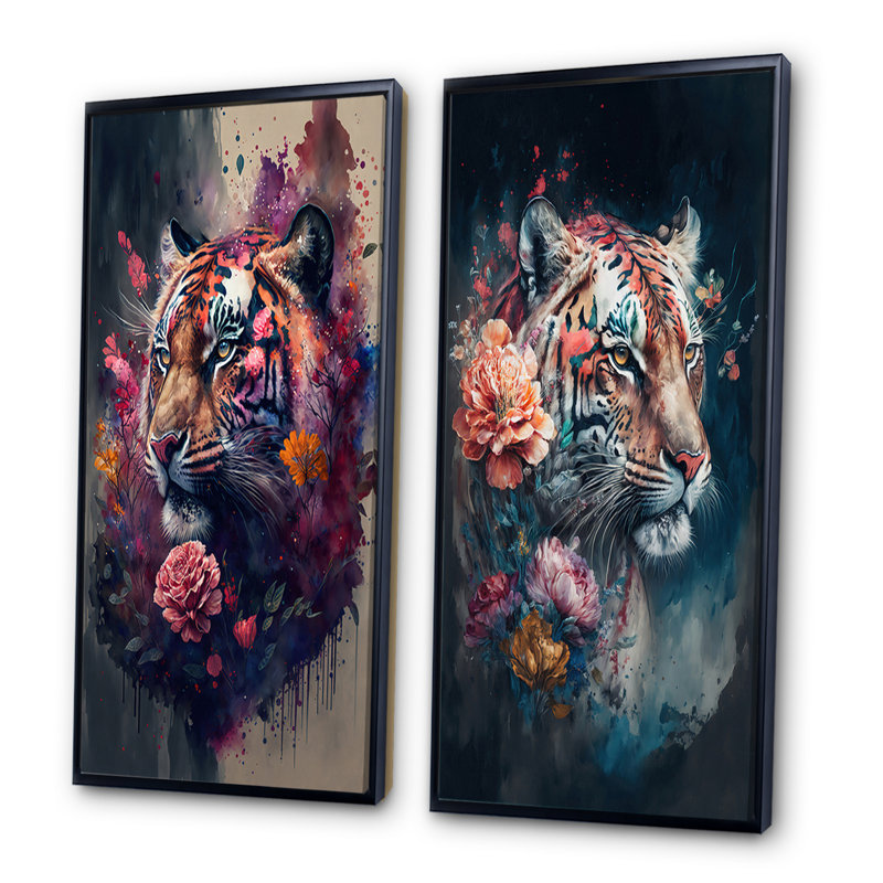«Cute Tiger Floral», 2 pièces sur toile, Cadre noir, H 40 po x l 40 po