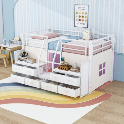 Low Loft Bed with Storage Shelves, Drawers and Lights