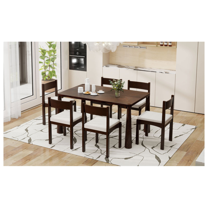 Ensemble de table de salle à manger pour 6 personnes Trexm, finition bois espresso avec fabrication en bois massif, Beige