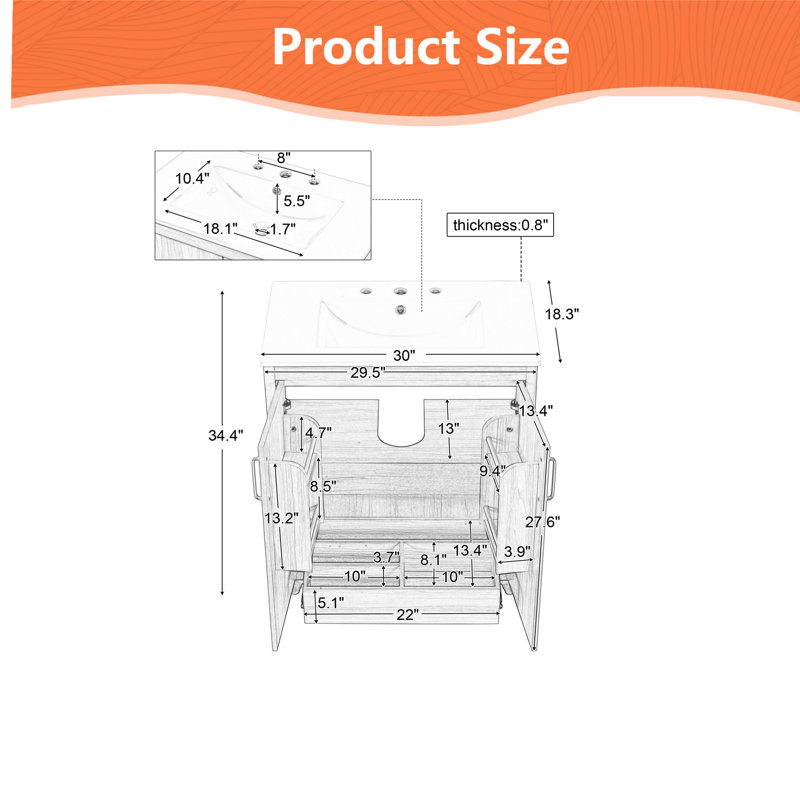 30" W x 18.3" D x 34.4" H Single Bathroom Vanity