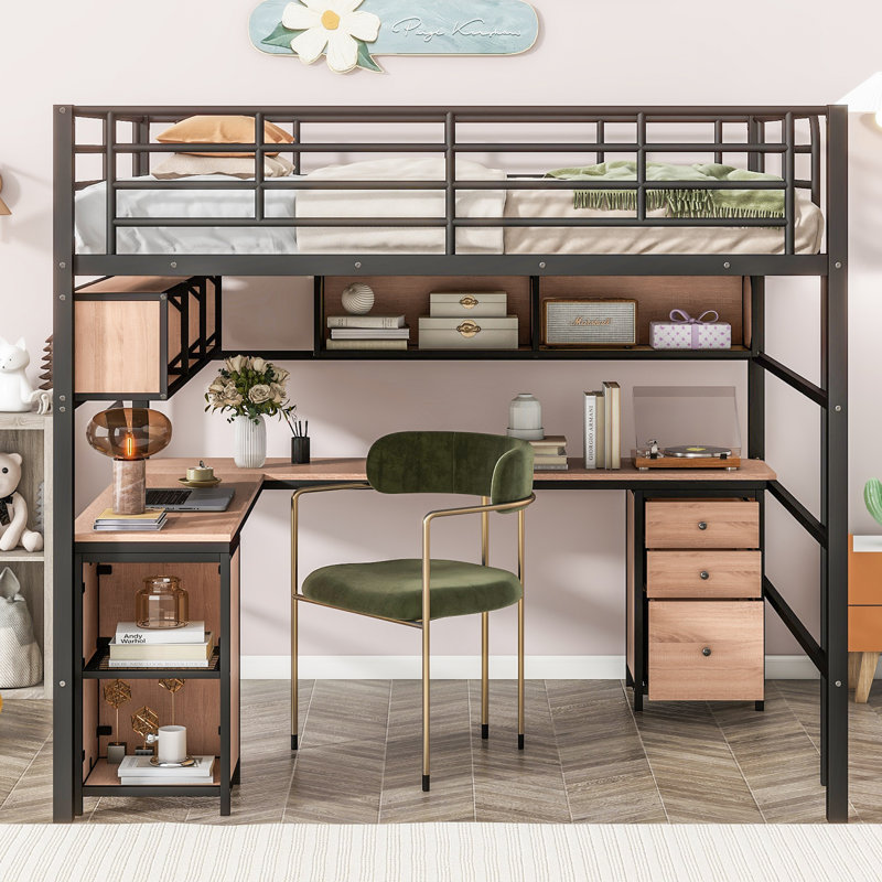 Lit mezzanine en métal peu encombrant avec espace de travail intégré, parfait pour les petites pièces