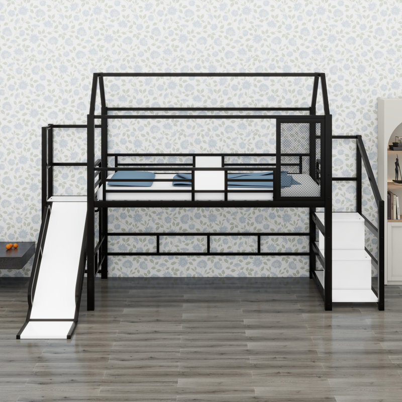Metal House Loft Bed With Slide,Stairs And Storage Shelves, Black