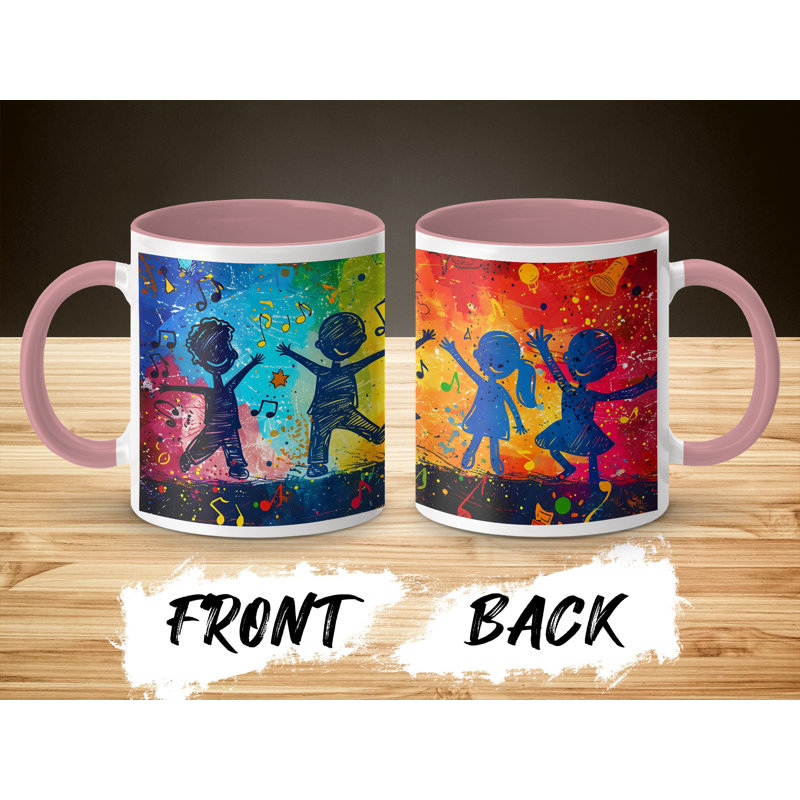 Kids Drawing Style 11oz Accent Mugs – Ceramic Coffee Cup with a Pink Handle and Interior