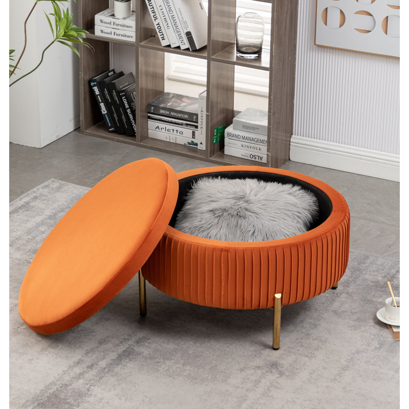 Mariantonietta Upholstered Round Storage Ottoman, Orange Velvet