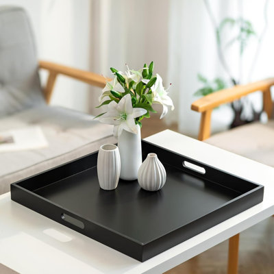Extra Large Square Ottoman Tray, 20" Black Wooden Serving Tray With Cutout Handles For Coffee Table & Home Decor