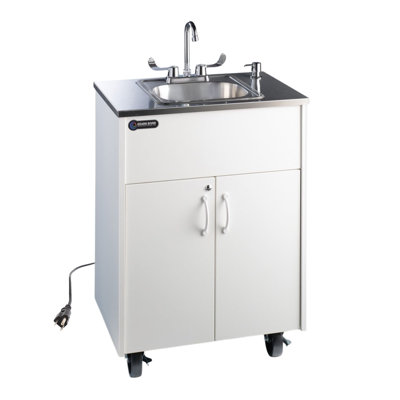 Ozark River Portable Sinks Premier S1, Black Laminate Cabinet/Stainless Sink Basin, Mobile Hot Water Hand Washing Station with Water Tanks, NSF-Certified No-Plumbing 110v Handwashing Sink with Wheels, Silver