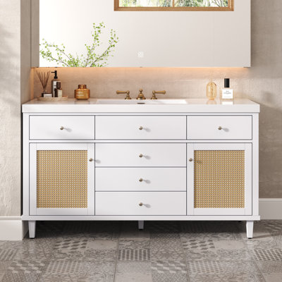 60" Bathroom Vanity with SMC Sink, Soft Close Drawers, Rattan Doors, Silver Knobs, Pine Legs
