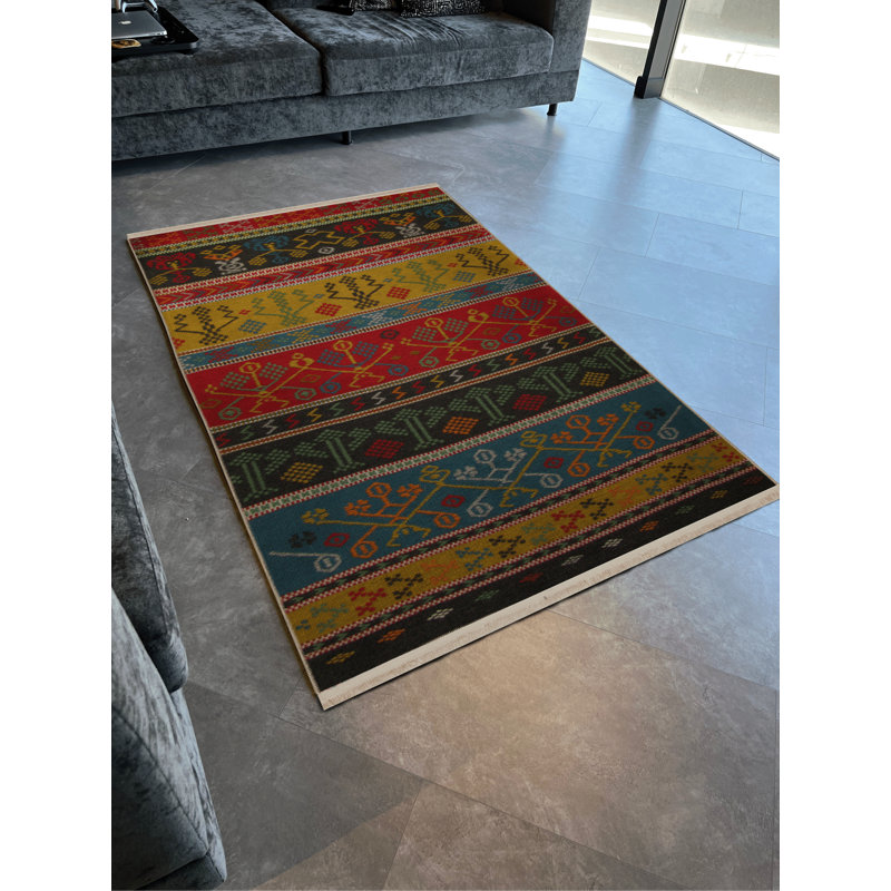 Tapis décoratif rétro multicolore à motifs clairs, Rectangle 3 pi 9,81 po x 6 pi 6,74 po
