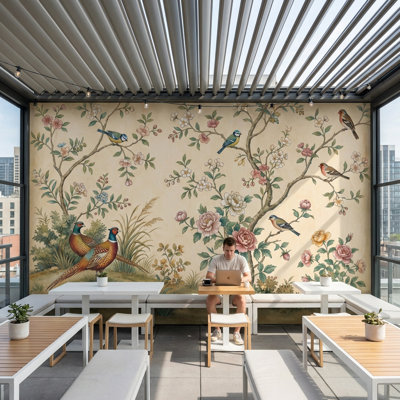 Papier peint floral oiseaux rétro