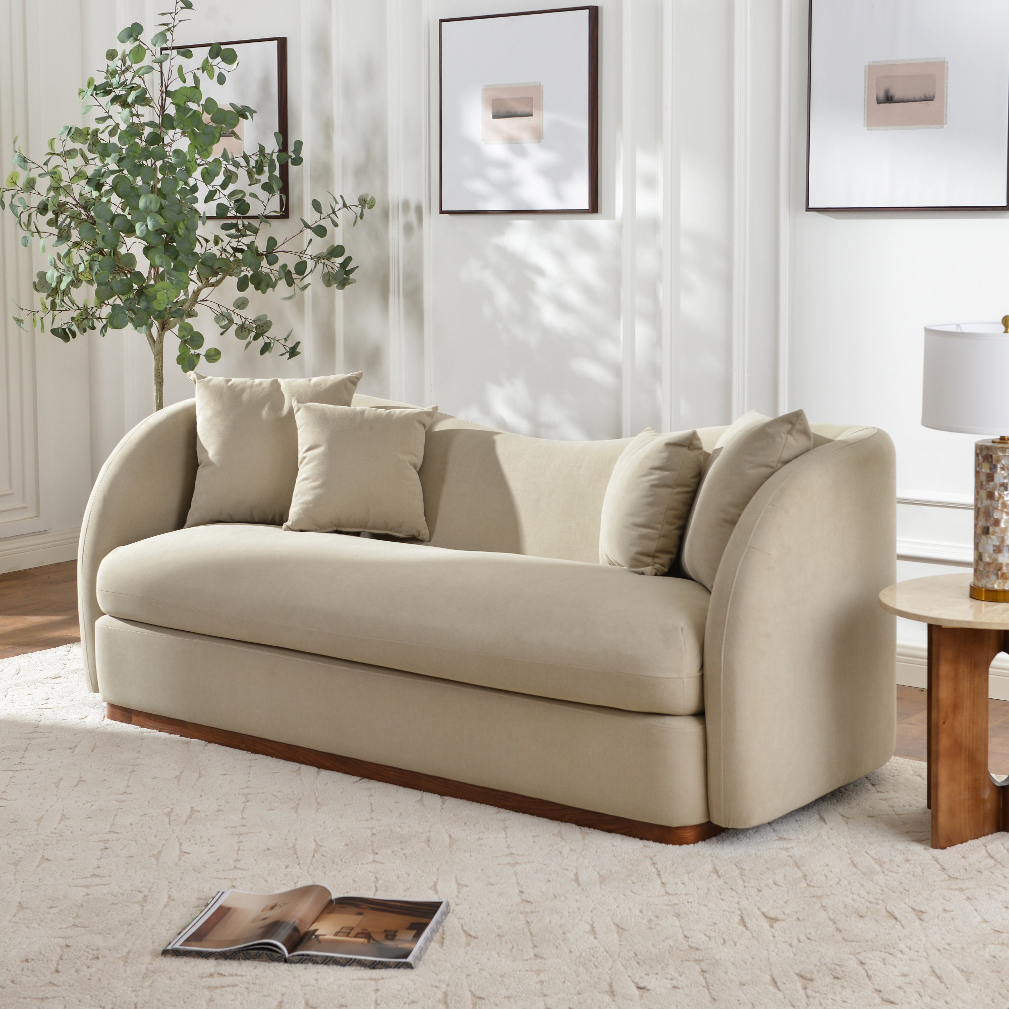  84" Wide Polyester Blend Upholstered Curved Sofa With Solid Wood Base, Tan