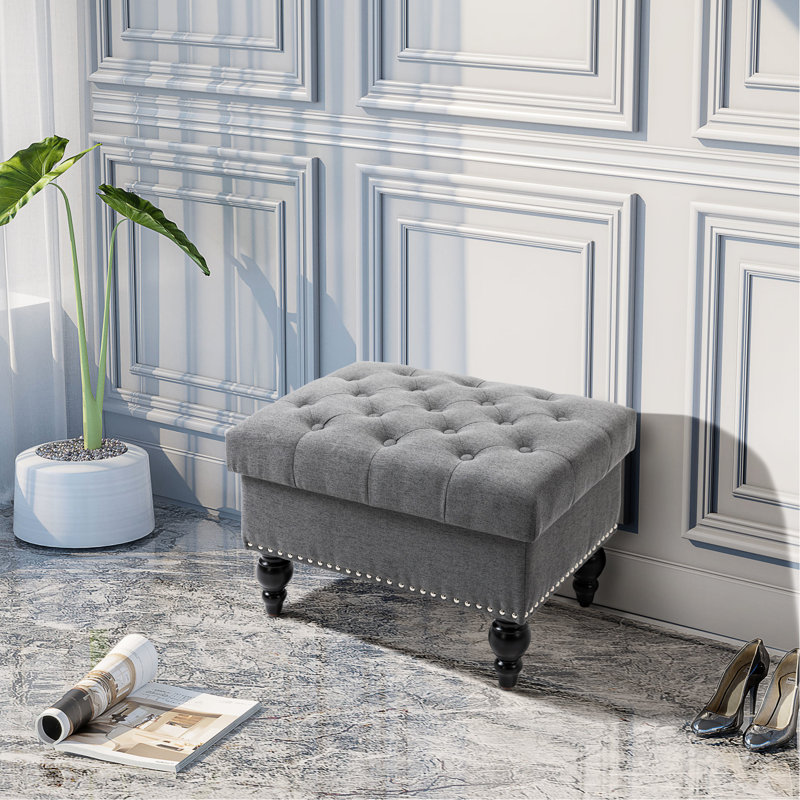 Bouton de rangement en lin gris avec couvercle amovible, banc de salon de 25 po pour repose-pieds et siège, pieds cloutés en bois gracieux