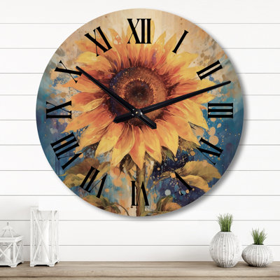Horloge murale en bois jaune et bleu Golden Sunflowers II