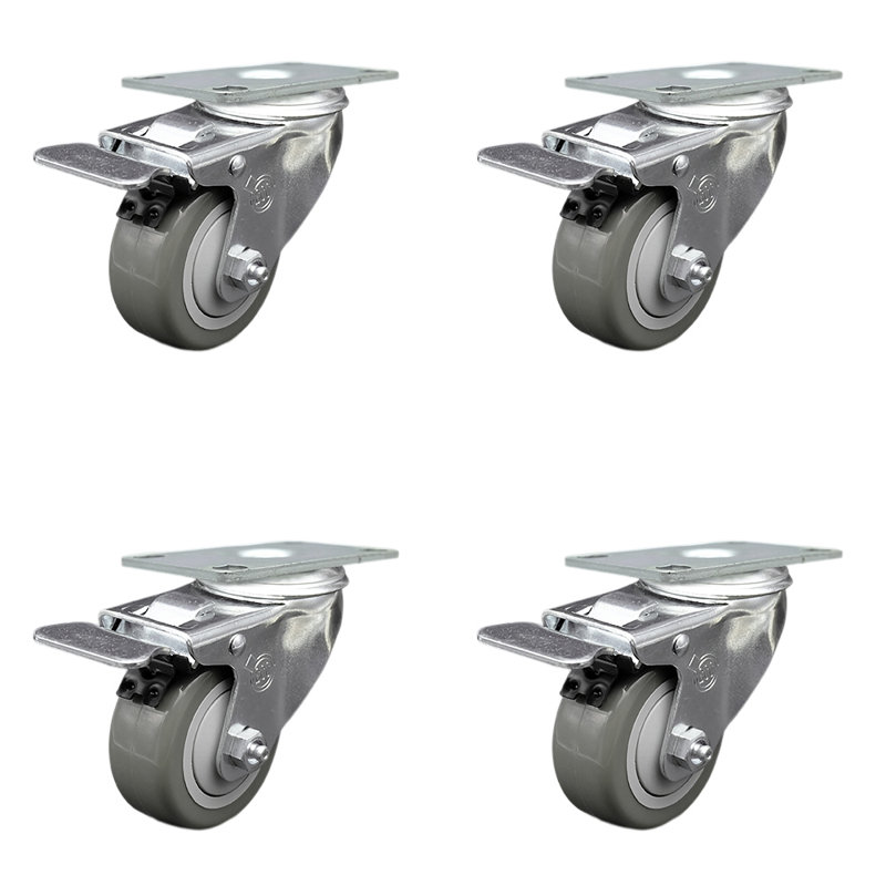3 Inch SS Grey Polyurethane Top Plate Caster Set Total Lock Brake SCC