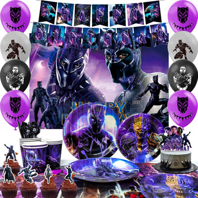 112 Pcs Black Panther Birthday Party Backdrop Decor Decorations Supplies & Tableware for Kids Set