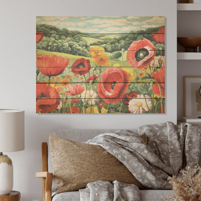 «Vibrant Red Poppy Field Dreams» - Art sur bois de coquelicot sur bois de pin naturel