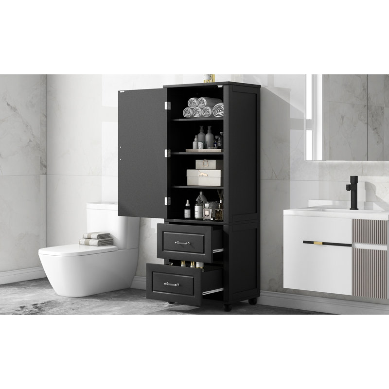 Freestanding Grey Bathroom Cabinet With Two Drawers, Adjustable Shelf, - Toppling, Board Painted, 100Lbs Capacity, 61.54In Tall, 16.37In Wide, 23.57In Deep Tall Toppling Device, Painted Finish, Deep,