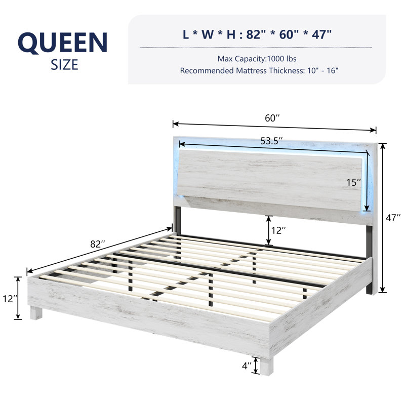 Carnbrock 47" Headboard Queen Platform Bed with LED Lights, White, Queen, White