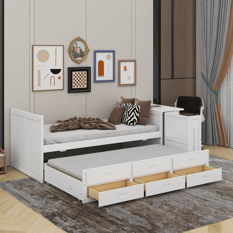 Lit plateforme simple en bois avec bureau et tablette de rangement, Blanc