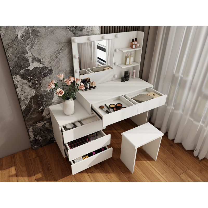 Coiffeuse blanche à DEL avec tiroirs de rangement, miroir et tabouret ergonomique, idéale pour les petites salles de bain, poids : 46 kg, parfaite pour les passionnées.