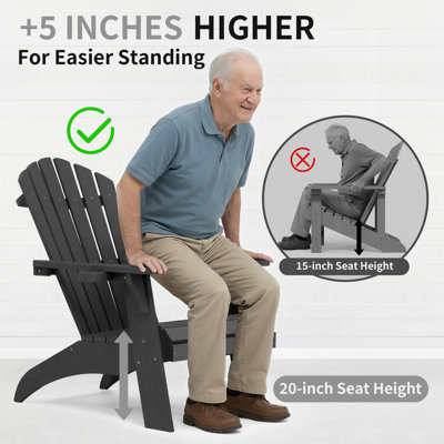 Chaise de patio Adirondack, surdimensionné pour l'extérieur, 350 lb avec porte-gobelet, siège d'extérieur toutes saisons résistant aux intempéries et à la décoloration, noir