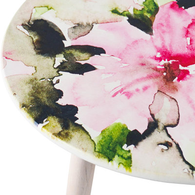 Nature Inspired Side Tables Pair - Watercolor Floral Tops, Pink & White, For Living Room, Foyer, Bedroom Accessories Two And Area,