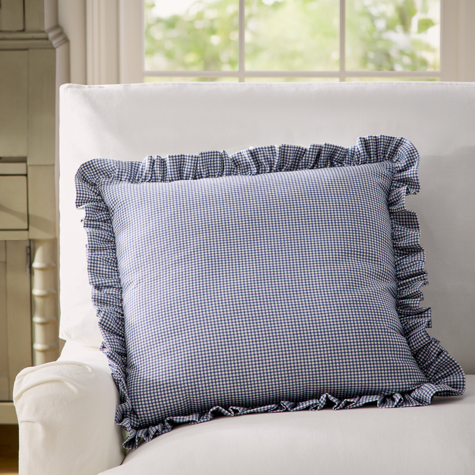 Birch Lane Mini Check Ruffled Accent Pillow, Feather, Blue