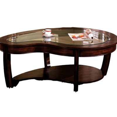 Table basse en cerisier foncé avec forme irrégulière et tablette ouverte en verre avec fabrication contemporaine en bois massif