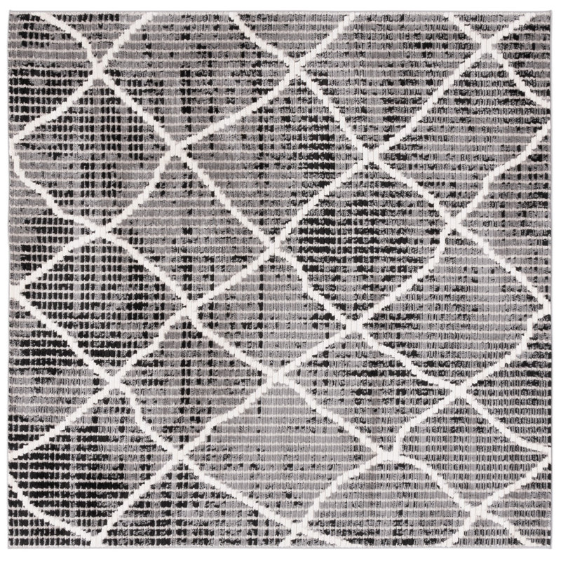 Rectangle Elane Geometric Power Loomed Polyester Area Rug in Charcoal/Ivory/Gray, Square 6'7"