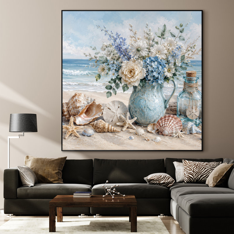 Très grand art mural imprimé sur tissu - Vase floral côtier bleu décor de chambre de ferme - "Assemblage requis (cadre non fini)"