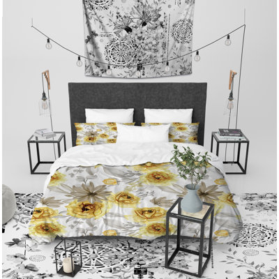 Watercolor Yellow Flowers Polyester Twill Striped and Plaid Duvet Cover Set
