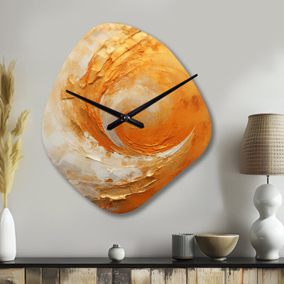 Torriyah Gold Orange Desert Mirage Spiral II - Abstract Spirals Asymmetrical Metal Wall Clock, Gold Unique Shape Metal Clock Print