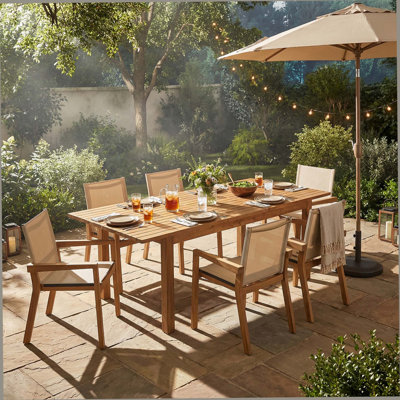 Ensemble de salle à manger d'extérieur en bois d'acacia 7 pièces 7 pièces, 1 grande table moderne, ensemble de mobilier de salle à manger pour pelouse, cour, terrasse de jardin, bord de piscine, beige