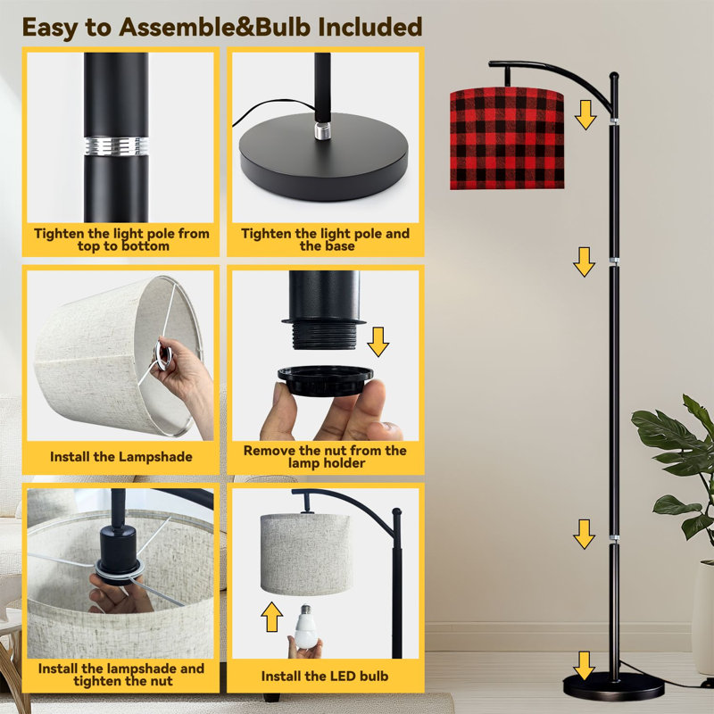 Arc Floor Lamp Red Black Buffalo Plaid Seamless Floor Lamps with Remote LED Lights Adjustable Lamp Shades Tall Standing Lamps for Reading Office Living Room