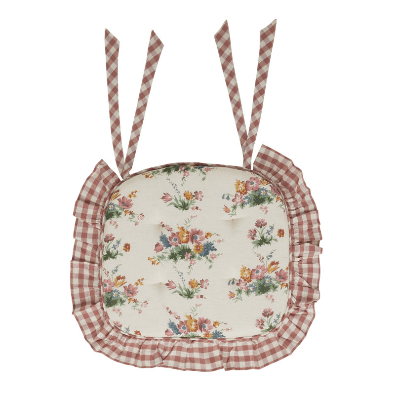Margaret Floral Ruffled Cotton Chair Pad - 15.5x17 - Dusty Rose & Natural Cushioned Seat Cushion